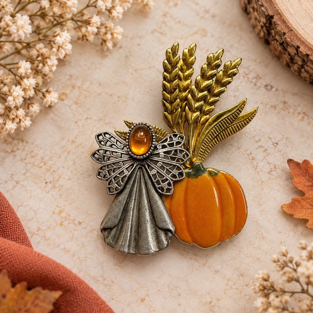 Vintage KC Harvest Angel Pumpkin Wheat Brooch Fall Thanksgiving Pin CP221